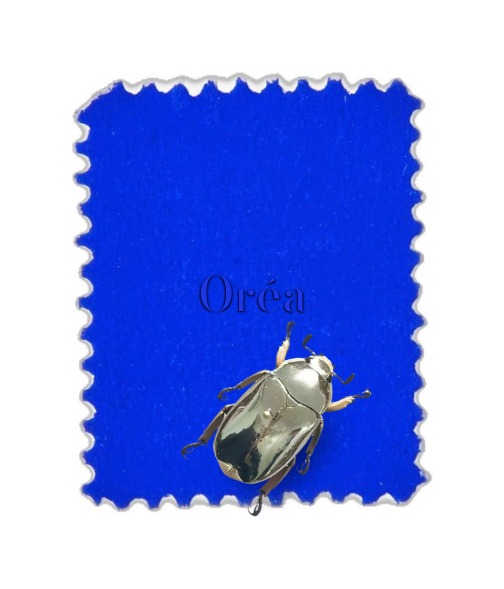 A silver beetle resting on a blue postage stamp marked Oréa